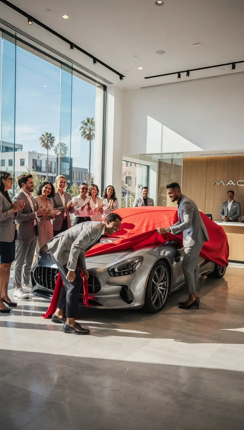 Luxury European sports car driving through iconic Los Angeles streets after expert servicing.